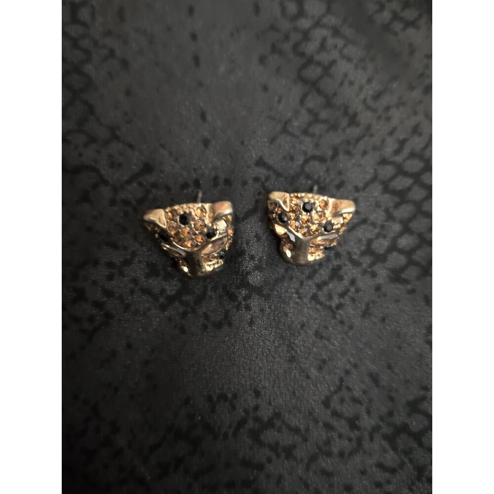 Gold Leopard Head Stud Earrings Clear & Black Crystals Unisex Animal Jewelry